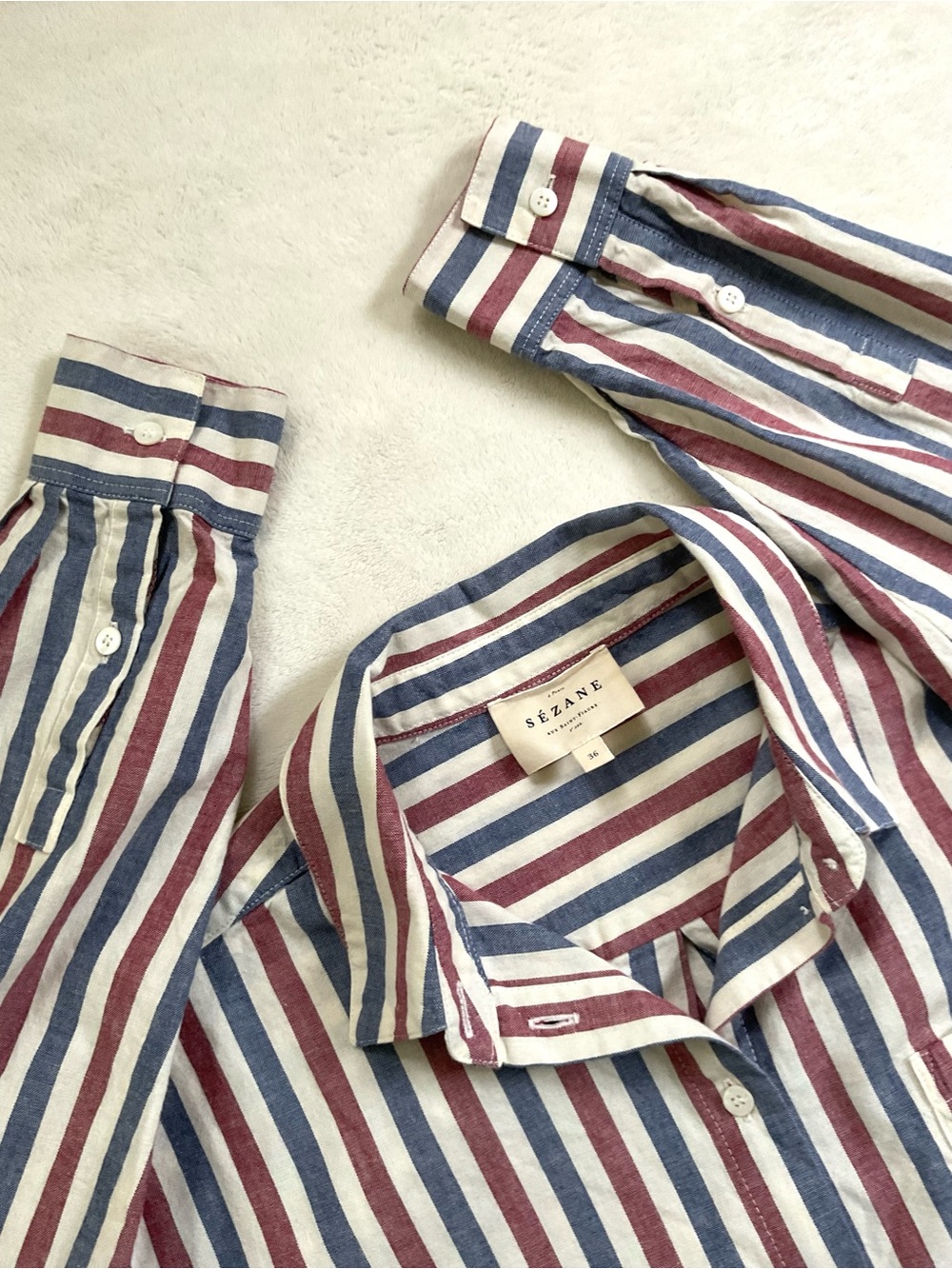 Sézane Max Shirt 36 Blue Ecru Burgundy Stripe Organic Cotton - Picture 4 of 12